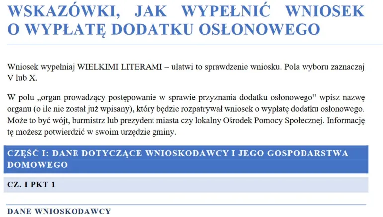 WSKAZÓWKI, JAK WYPEŁNIĆ WNIOSEK O WYPŁATĘ DODATKU OSŁONOWEGO