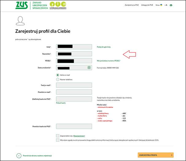 zrzut z ekranu: rejestracja za pomocą login.gov.pl