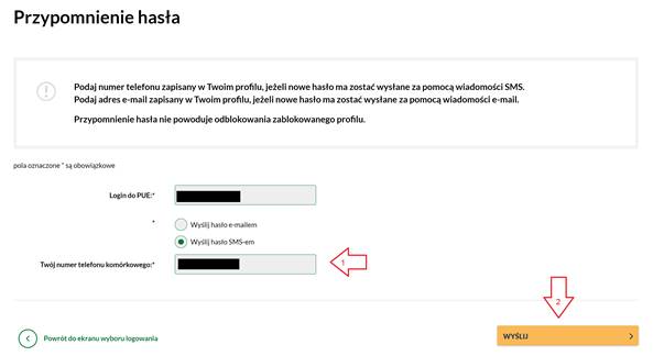 zrzut z ekranu: przypomnienie hasła e-sms