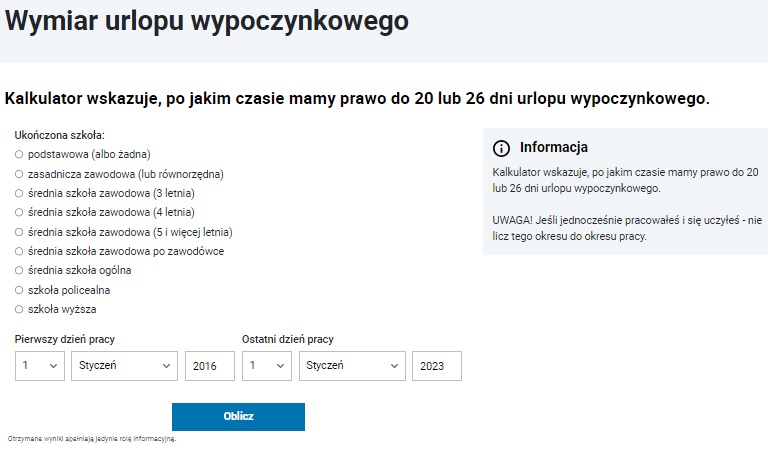 Kalkulator wymiaru urlopu wypoczynkowego infor