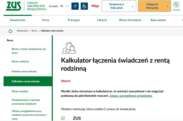 Kalkulator ZUS - renta wdowia