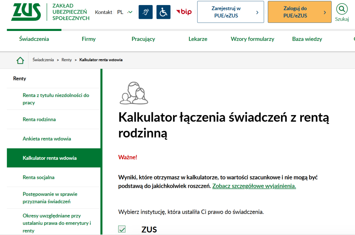 Kalkulator ZUS - renta wdowia