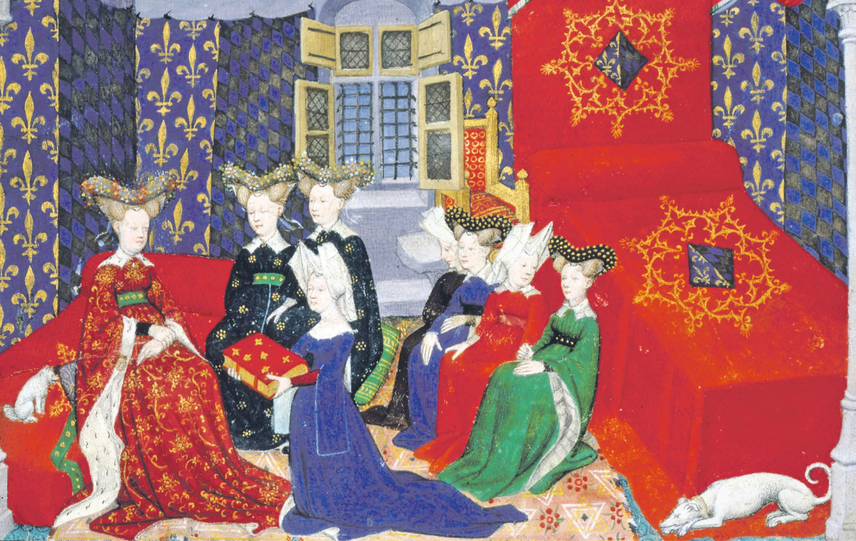 Pisarka i poetka Christine de Pisan ofiarowuje francuskiej królowej Francji Izabeli Bawarskiej swoją książkę. Około 1405 r.