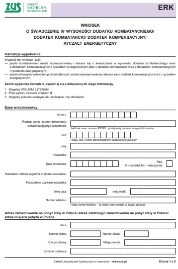 Wniosek o dodatek kombatancki, świadczenie w wysokości dodatku kombatanckiego, dodatek kompensacyjny, ryczałt energetyczny (DRUK ERK ZUS)
