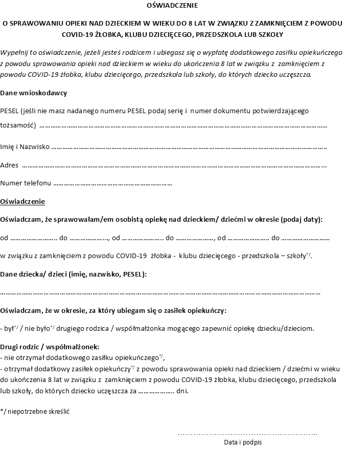Oświadczenie o sprawowaniu opieki nad dzieckiem w wieku do lat 8 w związku z zamknięciem z powodu COVID-19 żłobka, klubu dziecięcego, przedszkola lub szkoły - jak wypełnić druk/ źródło: Infor.pl  