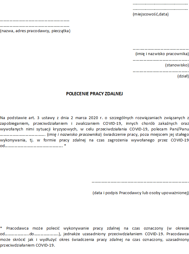 Polecenie pracy zdalnej (z powodu COVID-19)- wzór.