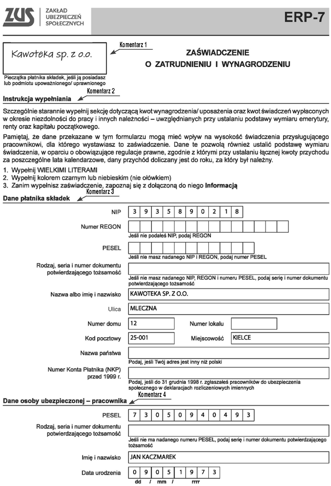 zus erp-7 instrukcja przykład wypełnienia