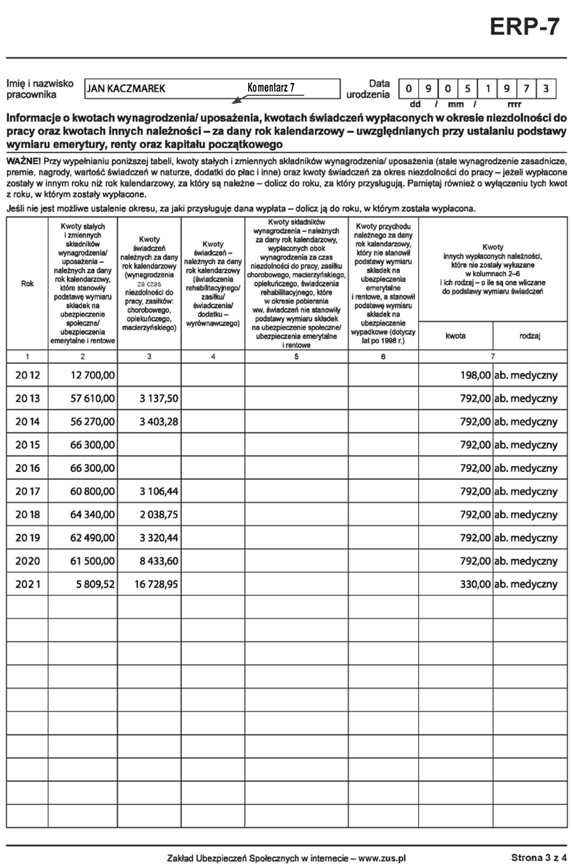 zus erp-7 instrukcja przykład wypełnienia