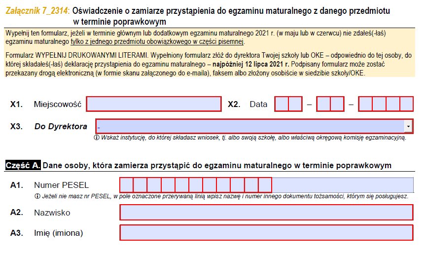 Matura poprawkowa 2021 - deklaracja