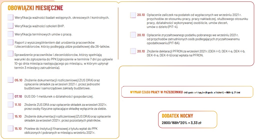 Kadry i płace październik 2021 obowiązki