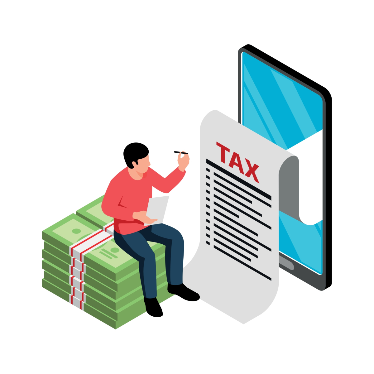 Isometric,Tax,Service,Accounting,Composition,With,Man,Sitting,On,Banknotes