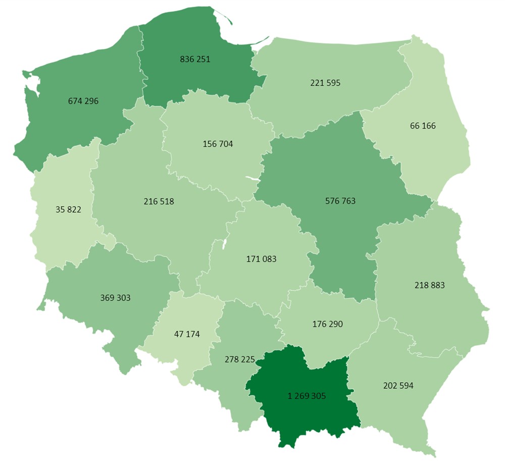 Liczba płatności bonem turystycznym w poszczególnych województwach