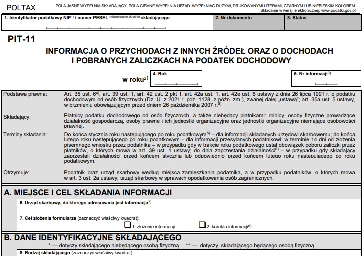 PIT-11 formularz informacja o przychodach