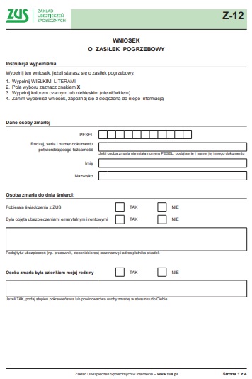 Wniosek o zasiłek pogrzebowy do ZUS Z-12 - druk