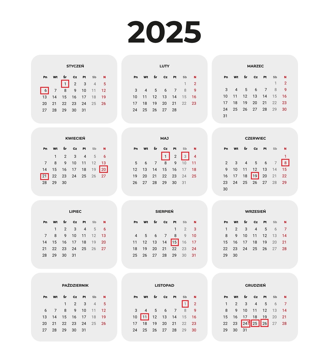 Dni wolne od pracy 2025 kalendarz wigilia