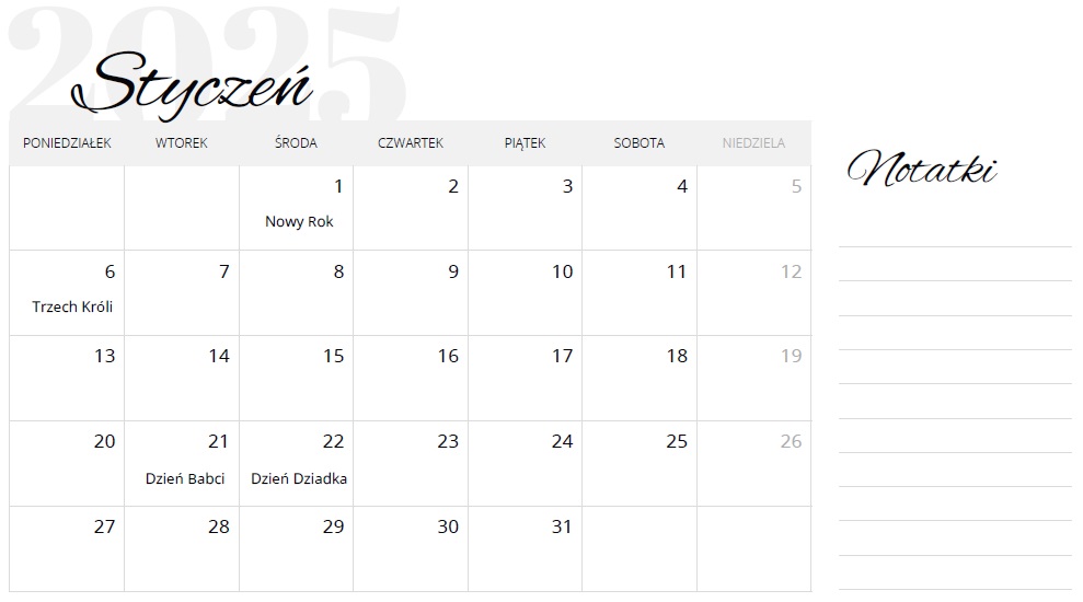 styczeń 2025 kalendarz do druku święta pdf