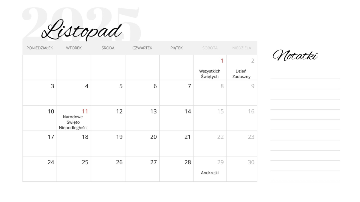 listopad 2025 kalendarz do druku