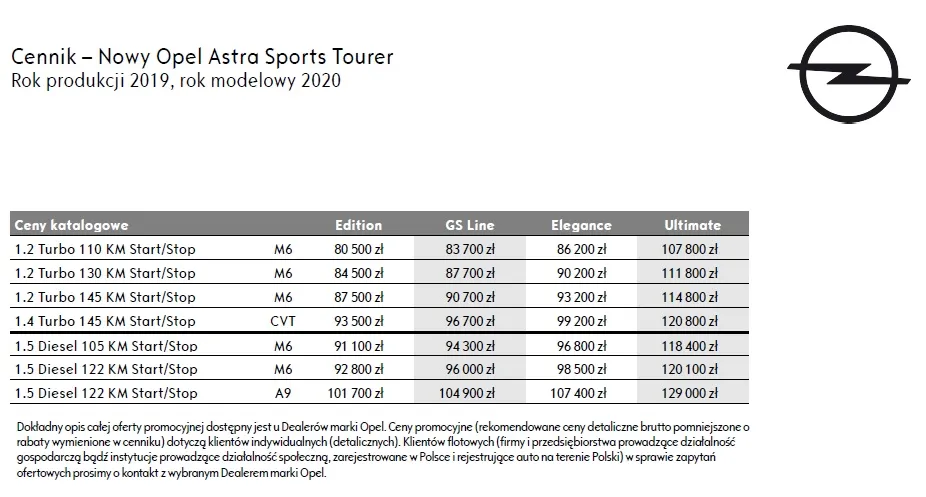 Nowy Opel Astra - cennik, a w nim pięć eko-silników