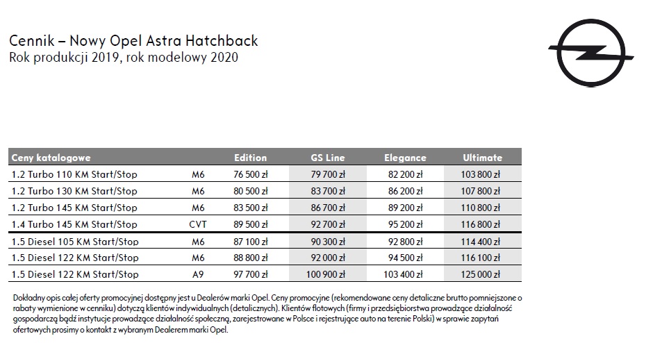 Nowy Opel Astra - cennik, a w nim pięć eko-silników