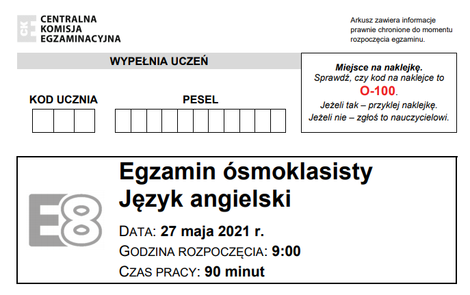 Egzamin ósmoklasisty 2021 angielski - arkusz