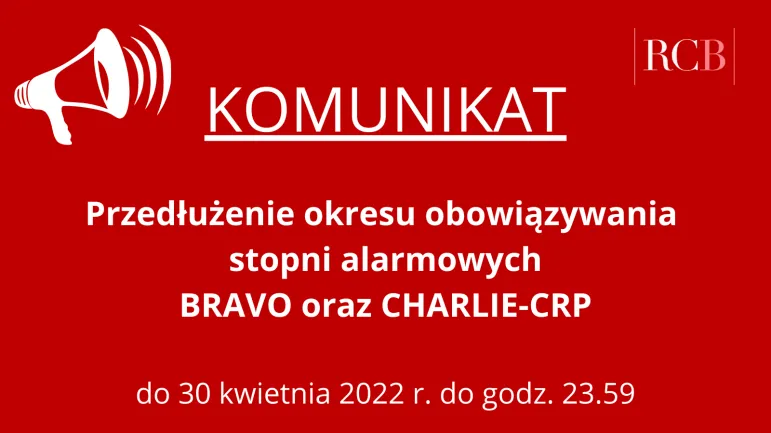 Stopnie alarmowe BRAVO oraz CHARLIE-CRP na terytorium całej Polski do 30 kwietnia 2022 r.