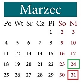 Marzec 2024 - kalendarz, dni wolne, niedziela handlowa