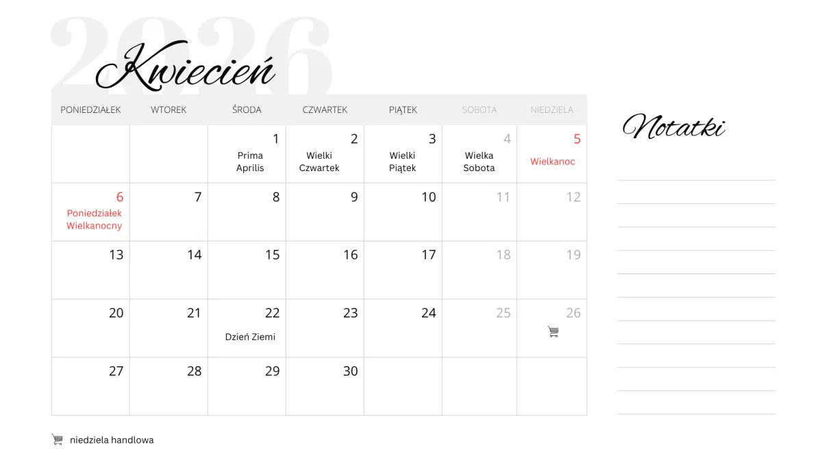 Kwiecień 2026 - kalendarz do druku