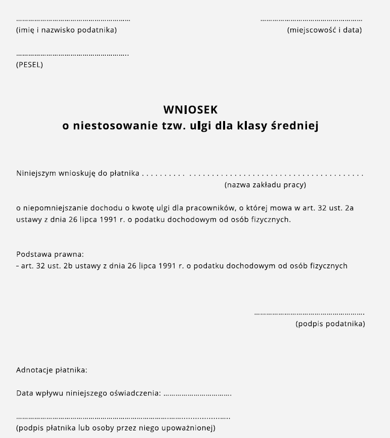 Wniosek o niestosowanie ulgi dla klasy średniej - przykład wniosku przygotowany przez Ministerstwo Finansów