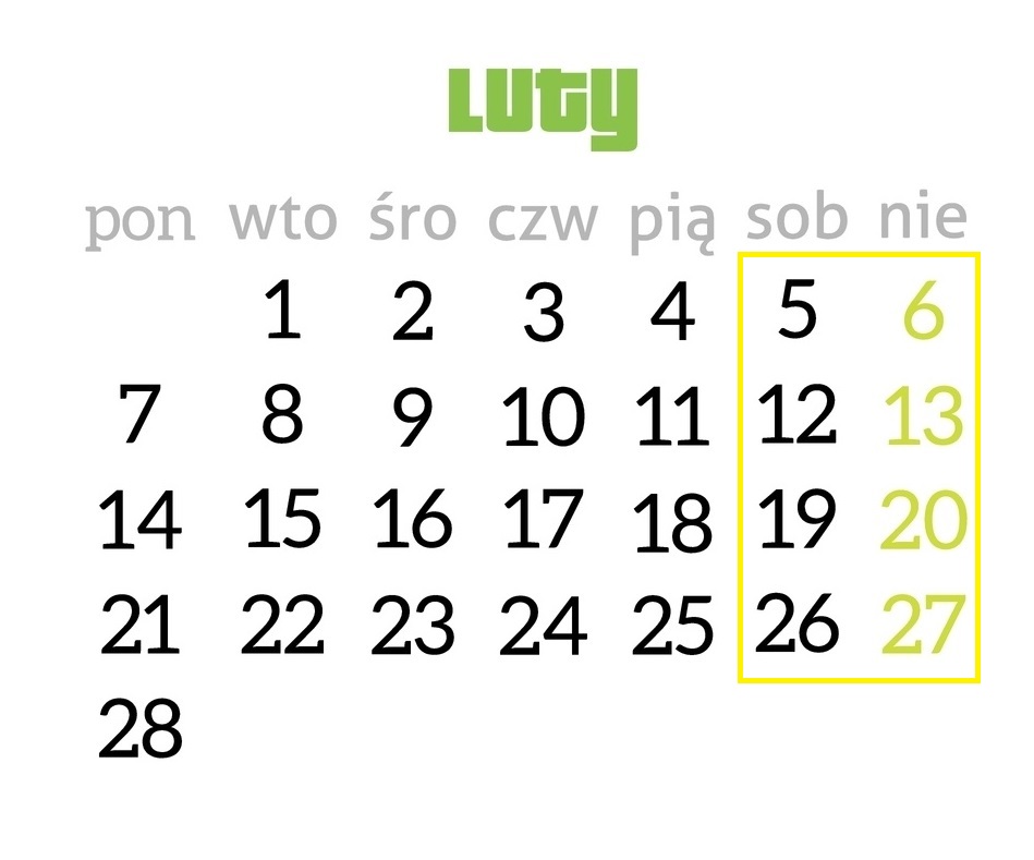 luty 2022 godziny pracy dni pracy wolne kalendarz