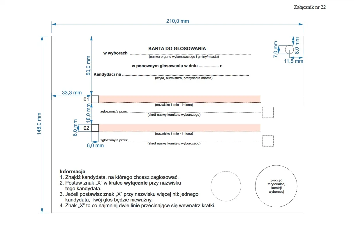 Wzór karty do głosowania w głosowaniu ponownym w wyborach wójta, burmistrza, prezydenta miasta, w  których  głosuje  się  na  dwóch kandydatów/ Źródło: Załącznik nr 
22 do Uchwały Państwowej Komisji Wyborczej z dnia 27 sierpnia 2018 r. w sprawie wzorów kart do głosowania oraz nakładek na karty do głosowania sporządzonych w  alfabecie  Braille'a,  w  wyborach  do  rad  gmin,  rad  powiatów,  sejmików  województw  i  rad  dzielnic m.st.  Warszawy oraz w wyborach wójtów, burmistrzów i prezydentów miast