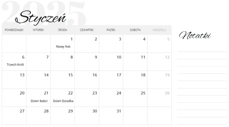 Styczeń 2025 kalendarz do druku święta pdf