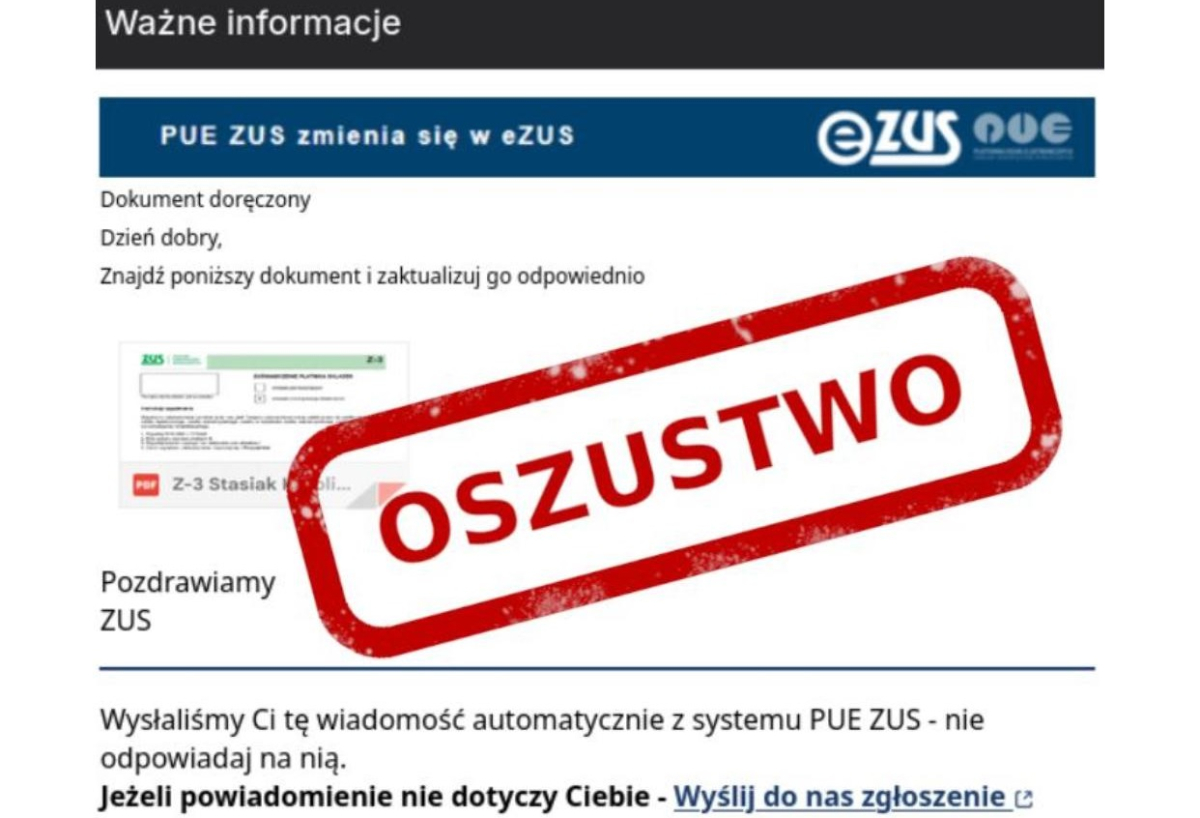 ostrzeżenie zus fałszywe wiadomości e-mail