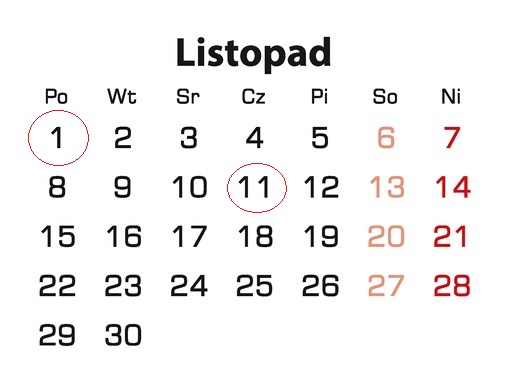 listopad 2021 kalendarz godziny pracy święta dni wolne