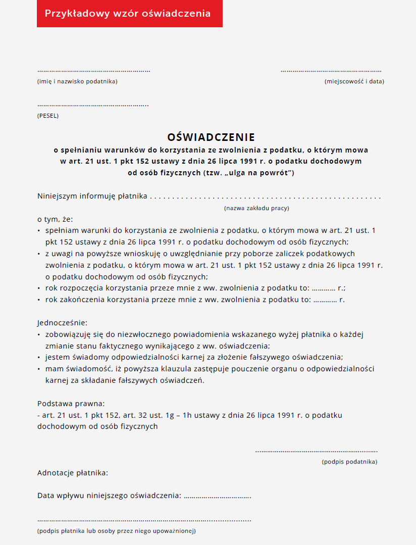 Ulga na powrót – kto i jak może skorzystać ze zwolnienia z PIT; wzór oświadczenia