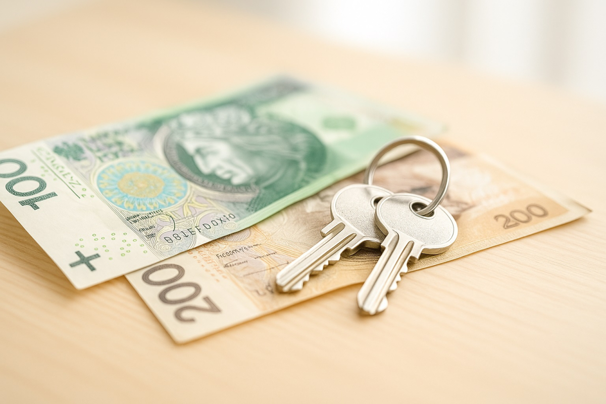 banknoty 100 zł oraz 200 zł leżą na stole, a na nich komplet kluczy do mieszkania - jasna tonacja i kolory, dużo światła w kadrze