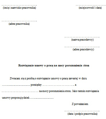 Rozwiązanie umowy o pracę za porozumieniem stron - wzór