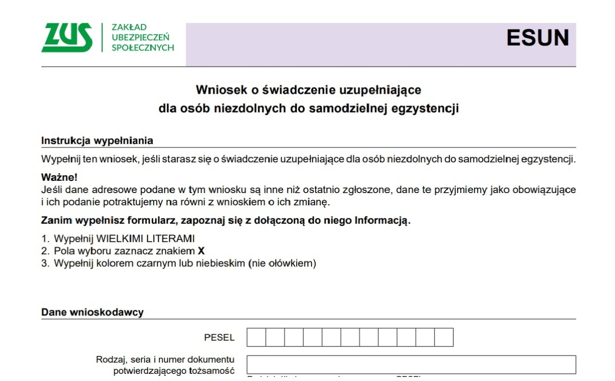 ZUS ESUN wniosek o świadczenie uzupełniające