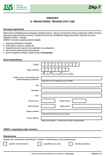 Świadczenie rehabilitacyjne w 2020 r. wynosi w pierwszych 3 miesiącach 90% podstawy wymiaru zasiłku chorobowego. Jaka jest jego wysokość w późniejszych miesiącach? Aby otrzymać świadczenie rehabilitacyjne, należy złożyć do ZUS wniosek ZNp-7 i dodatkowe dokumenty.