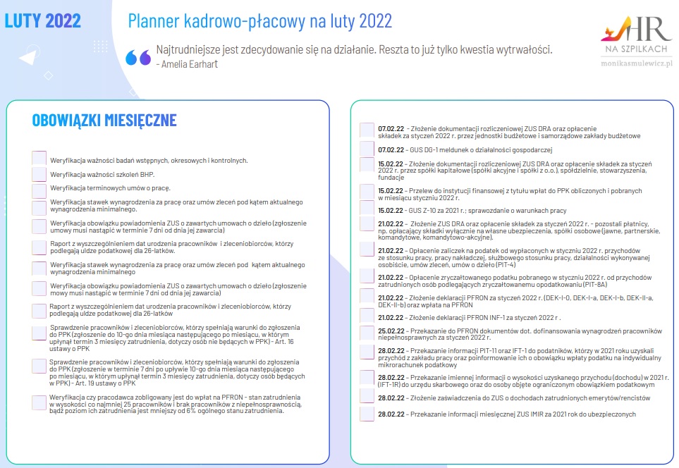 kadry i płace luty 2022 obowiązki kadrowo-płacowe planner