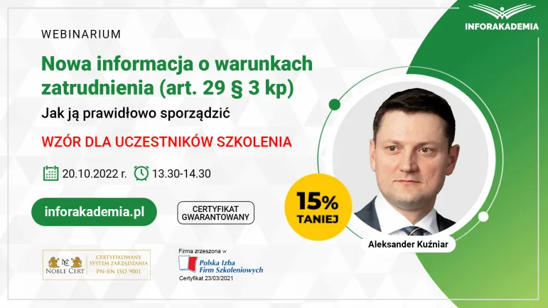 Webinarium „Nowa informacja o warunkach zatrudnienia (art. 29 § 3 kp) – jak ją prawidłowo sporządzić”