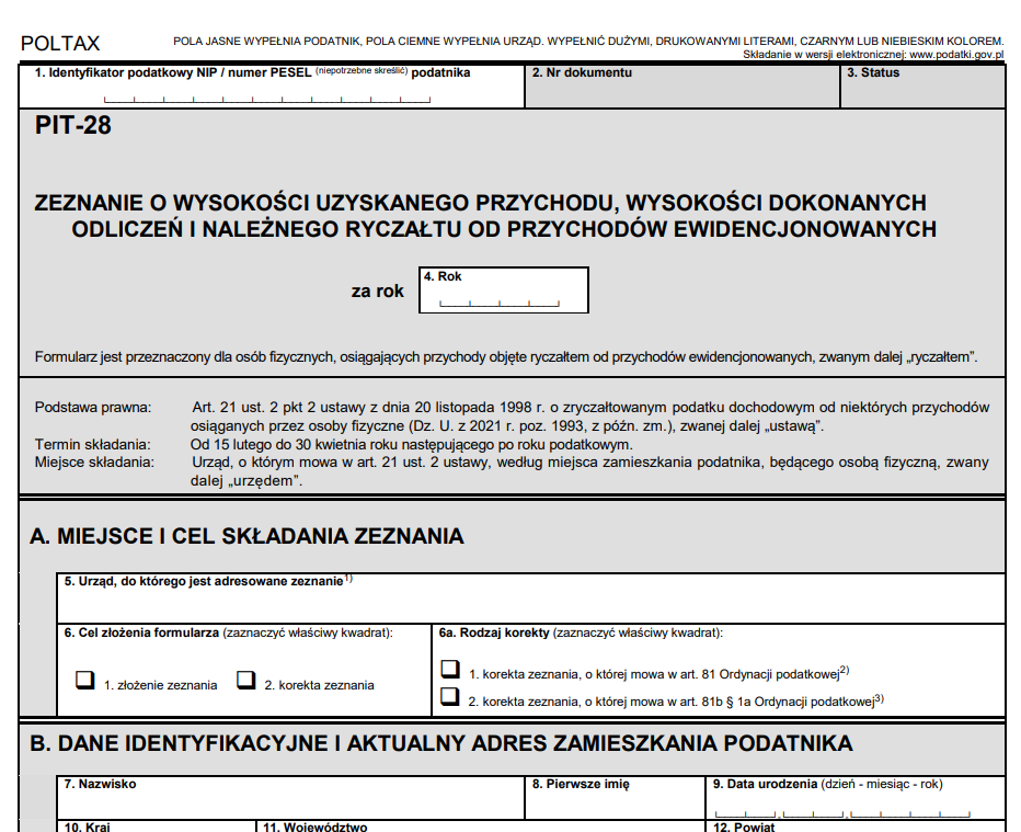 PIT-28 wersja 25 - rozliczenie najmu prywatnego za 2022 rok