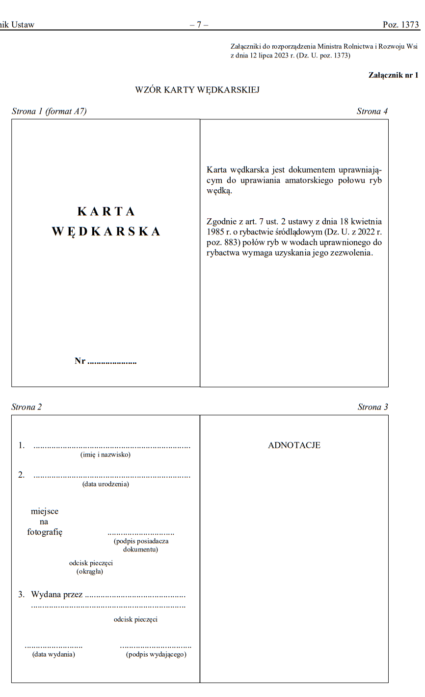 Wzór karty wędkarskiej obowiązujący od 27 lipca 2023 roku