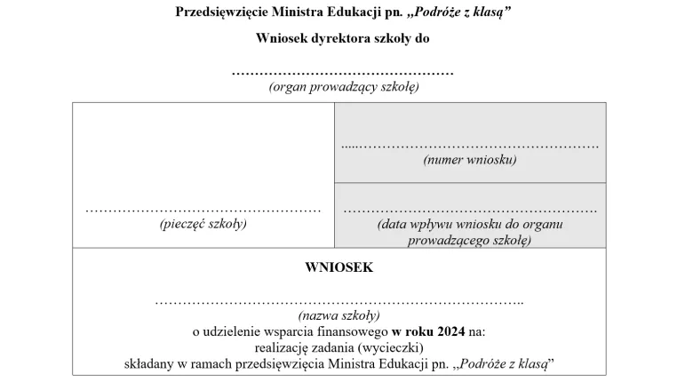 Wnioski o dofinansowanie wycieczek szkolnych wzór