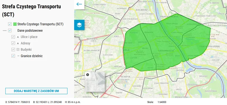 Strefa Czystego Transportu - Warszawa - granice 2024