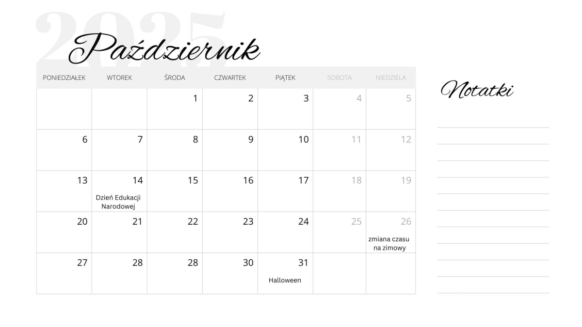 październik 2025 kalendarz do druku miesiąc canva