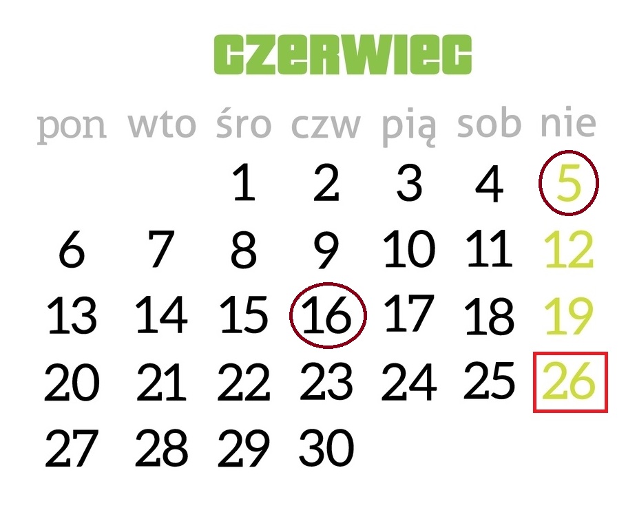 czerwiec 2022 godziny pracy czas etat wymiar święta dni wolne