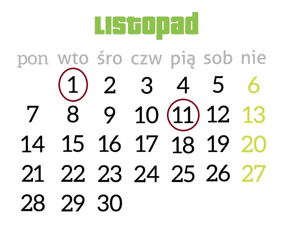 listopad 2022 godziny pracy wymiar etat czas święta dni wolne