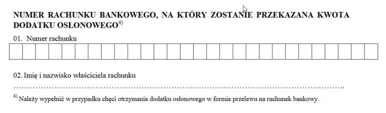 numer rachunku bankowego przy dodatku osłonowym