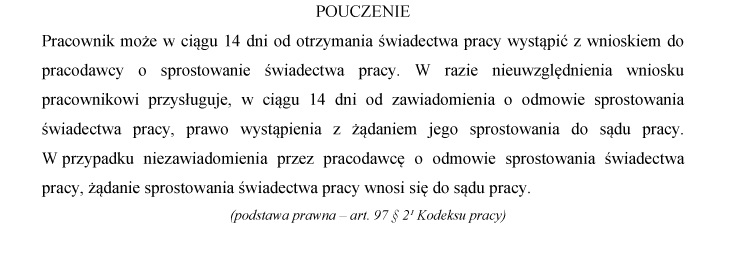 świadectwo pracy 2024 pouczenie wzór jak wypełnić pouczenie