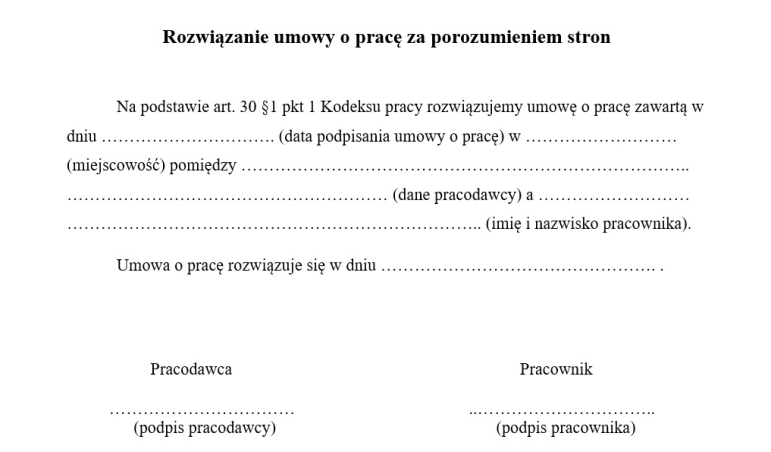 wzór rozwiązanie umowy o pracę za porozumieniem stron